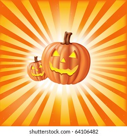 Halloween Illustration With Pumpkins And Sun Rays, Vector Illustration