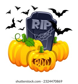 Halloween illustration with pumpkins, tombstone and bats