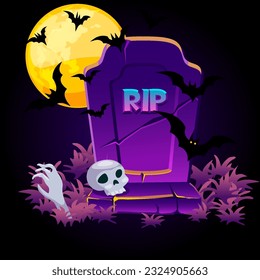 Halloween illustration with pumpkins, tombstone and bats