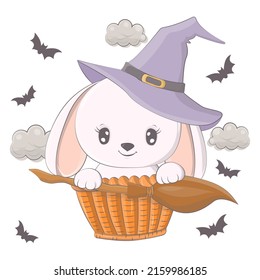 Halloween illustration rabbit and broom  Vector illustration Halloween animal  Cute little illustration Halloween bunny for kids  fairy tales  covers  baby shower  textile  baby book 