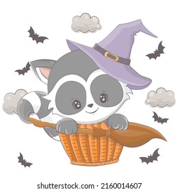 Halloween illustration of a raccoon with a broom. Vector illustration of Halloween animal. Cute little illustration Halloween raccoon for kids, fairy tales, covers, baby shower, textile, baby book.