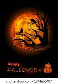 Halloween Illustration with Raven and Full Moon Background