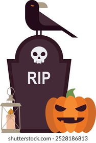 Halloween illustration with raven on a tombstone in flat style. Simple vector shapes. Background for cards and posters. Pumpkin with carved face and lantern