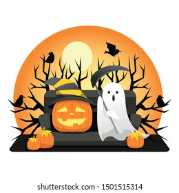 Halloween illustration, reaper ghost and Jack-o-lantern sit together on the couch