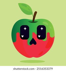 Halloween illustration of a red poisonous apple with a green leaf and a funny face with cute eyes