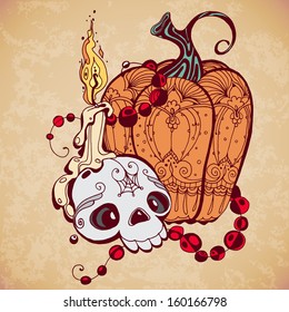 Halloween illustration in retro style of a skull, pumpkin and candle
