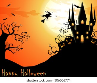 Halloween illustration with scary house and flying witch