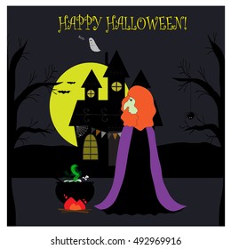 Halloween illustration with scary house and witch