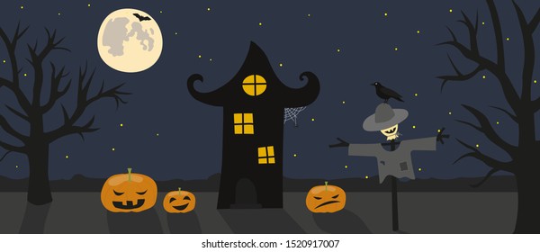 Halloween illustration. Scary landscape - night, mysterious house, pumpkins, scarecrow, full moon. Can be used for banner, poster, decoration of haloween party.