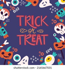 Halloween illustration with scary sweets. Cute candy monsters and the inscription trick or treat. Decoration for Halloween.