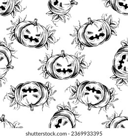 Halloween Illustration. Seamless pattern of hand-drawn scary pumpkin. Vintage sketch element for labels, packaging and cards design.