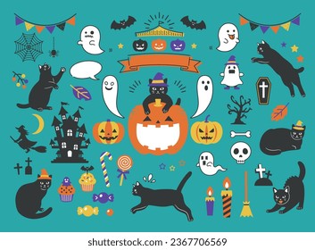 Halloween illustration set with black cat