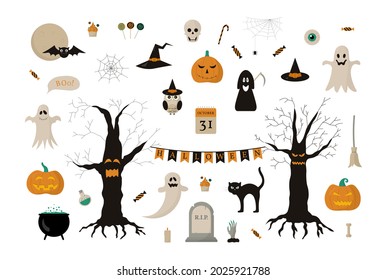 Halloween illustration set. Collection for sticker pack. design, greeting cards,isolated icons, decoration, poster.