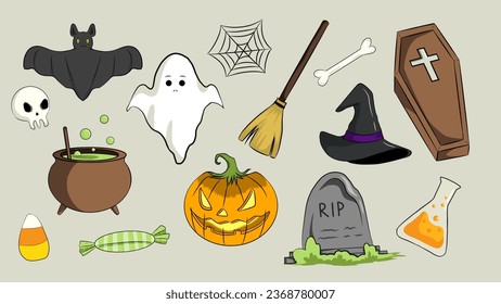 Halloween illustration set consists of coffin, witch hat, broom, gravestone, candy corn, witch pot, potion, candy, spider web, bat, and broom