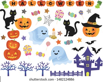 Halloween illustration set (ghost, pumpkin, black cat, sweets, landscape parts)