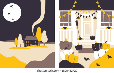 Halloween illustration set. Halloween home backyard and autumn night landscape. Pumpkin, bats, tree, decorate. Stylized autumn forest and mysterious house on background. Boo.