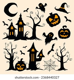 halloween illustration set with pumpkins, ghost, bat, tree