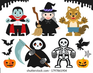 Halloween illustration set (scary monster disguise, dripping ink, crows and bats, jack o' lanterns)