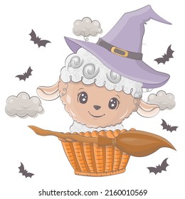 Halloween illustration of a sheep with a broom. Vector illustration of Halloween animal. Cute little illustration Halloween lamb for kids, fairy tales, covers, baby shower, textile, baby book.
