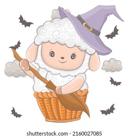 Halloween illustration of a sheep with a broom. Vector illustration of Halloween animal. Cute little illustration Halloween lamb for kids, fairy tales, covers, baby shower, textile, baby book.