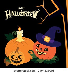 Halloween illustration. The illustration shows pumpkins, one in a hat, a tree, leaves, acorns