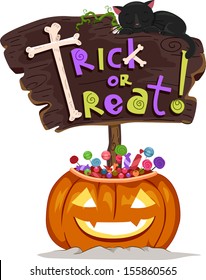 Halloween Illustration of a Signboard Saying Trick or Treat Sitting on a Jack-o'-Lantern Filled with Treats