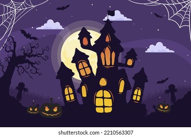 Halloween illustration with silhouette of castle at glowing moon and dead trees