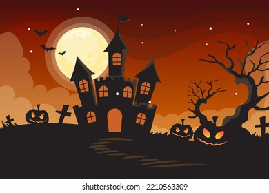 Halloween illustration with silhouette of castle at glowing moon and dead trees