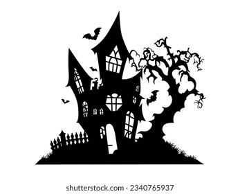 Halloween illustration with silhouette of house and dead trees, bats. Vector illustration.