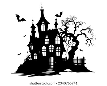 Halloween illustration with silhouette of house and dead trees, bats. Vector illustration.