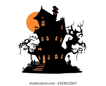 Ilustración de Halloween con silueta de casa en luna brillante y árboles muertos, murciélagos.