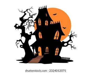 Halloween illustration with silhouette of house at glowing moon and dead trees, bats.