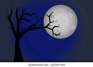 Halloween illustration. A silhouette of a tree at moonlight night. Dark and moody atmosphere. Scary time. Horror