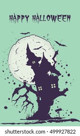 Halloween illustration. The silhouette of witch's house on tree, full moon. Light background