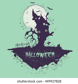 Halloween illustration. The silhouette of witch's house on tree, flying island, full moon. Light background