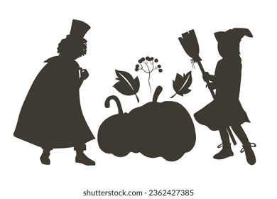 Halloween illustration with silhouettes of children boy and girl near pumpkins, flat vector illustration isolated on white background. Kids contour image for Halloween cards and banners.