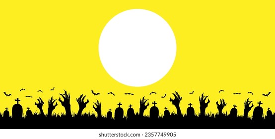 Halloween illustration with silhouettes of hands coming out of the ground, tombstones, moon and bats on yellow background