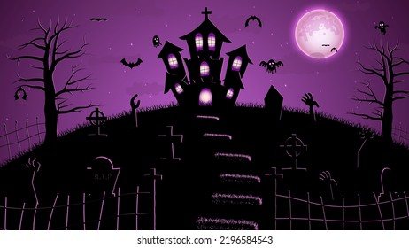 Halloween illustration with silhouettes of halloween pumpkins, spooky tree, vintage haunted house and bats flying over cemetery flat in moonlight