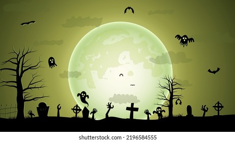 Halloween illustration with silhouettes of halloween pumpkins, spooky tree, vintage haunted house and bats flying over cemetery flat in moonlight