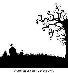 Halloween illustration with silhouettes of trees, tombstones, grass