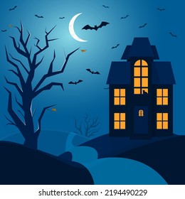 Halloween illustration. Simple composition. Dark colors. Bats and the moon. House.