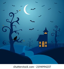 Halloween illustration. Simple composition. Dark colors. Bats, cat and the moon. House.