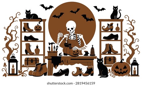 Halloween illustration with a skeleton cobbler working on a pumpkin shoe, surrounded by spooky elements like black cats, bats, lanterns, and shelves of vintage boots