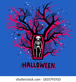 Halloween illustration. A skeleton in a coffin. Poster for Halloween Party Night. Flat design, vector illustration.
