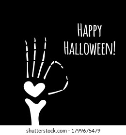 Halloween illustration of skeleton hand with quote on black background. Drawn by hand halloween vector doodle with funny quotes. Spooky decorations.