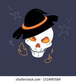 Halloween illustration skull with witch hat with burning eyes. Vector image for congratulations on a banner or poster. Cartoon style.