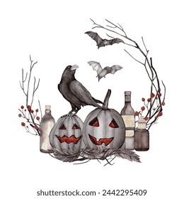 Halloween illustration with skulls and crows