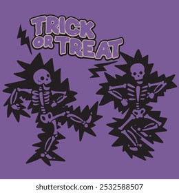 Halloween illustration with slogan. Hand drawn skeleton. Trick or Treat. Vector graphic design for t-shirt.