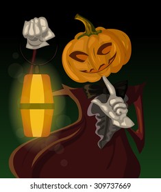 halloween illustration of smiling jack-o-lantern in a vinous old-fashioned attire, holding a glowing lantern