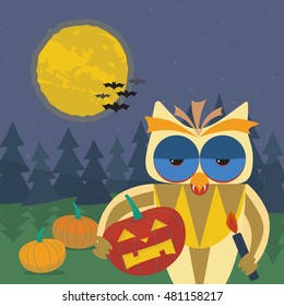 Halloween illustration with smiling owl with a pumpkin in his paws. Owl's beak with vampire fangs. Dark forest, pumpkins, bats and the moon on a background of the starry sky